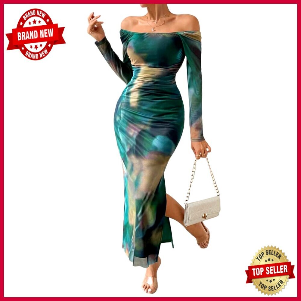 Off Shoulder Maxi Dress Long Sleeve Bodycon Ruched Mesh Elegant Formal - Picture 1 of 7
